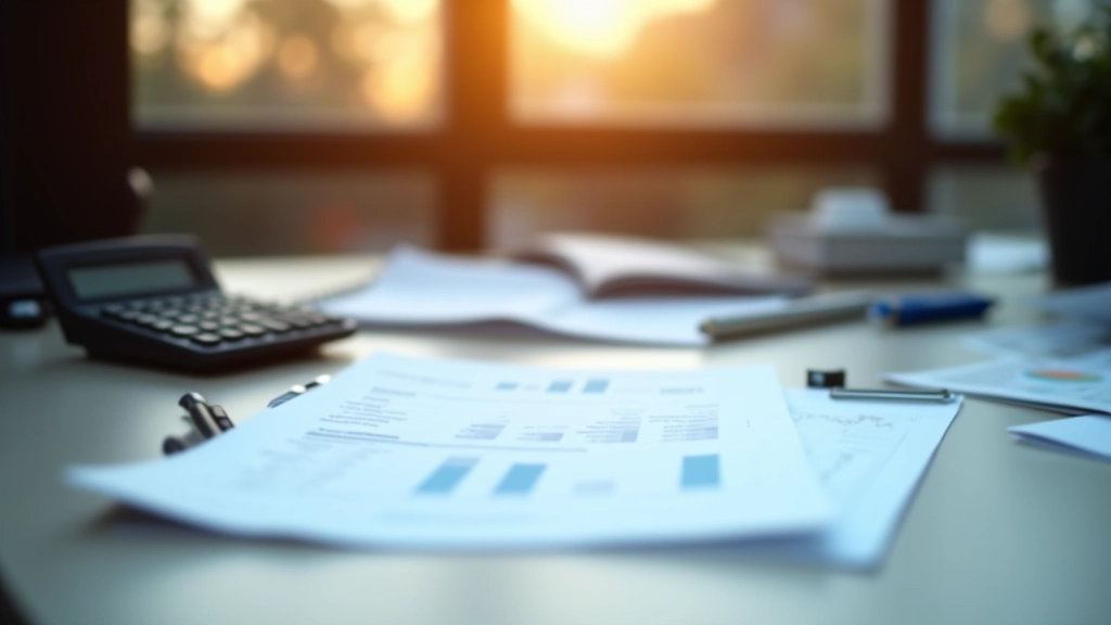 Schreibtisch mit Finanzdiagrammen, Taschenrechner und Notizblock, Geschäftsmilieu