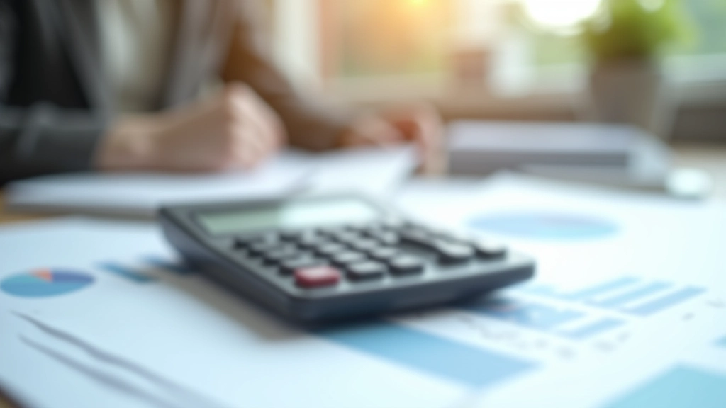 Taschenrechner neben Stapel von Finanzberichten, zeigt Schuldenmanagement und Budgetplanung in modernem Büro