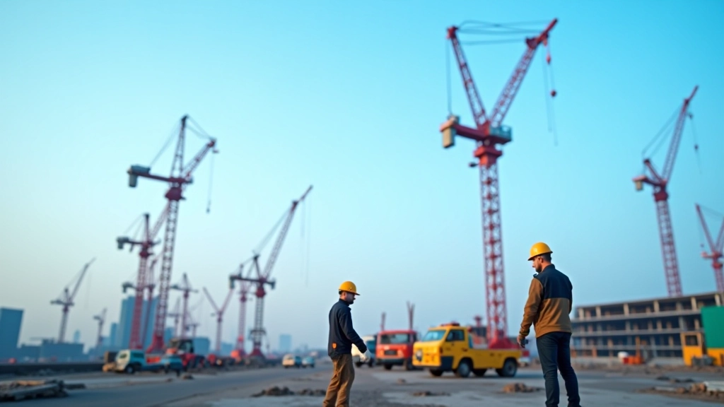 Baustellenszene mit Kränen und Arbeitern, Infrastrukturprojekt am Himmel