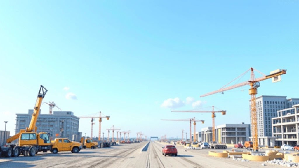 Baustelle mit Kränen und modernem Infrastrukturprojekt, Straßenbau und Entwicklung
