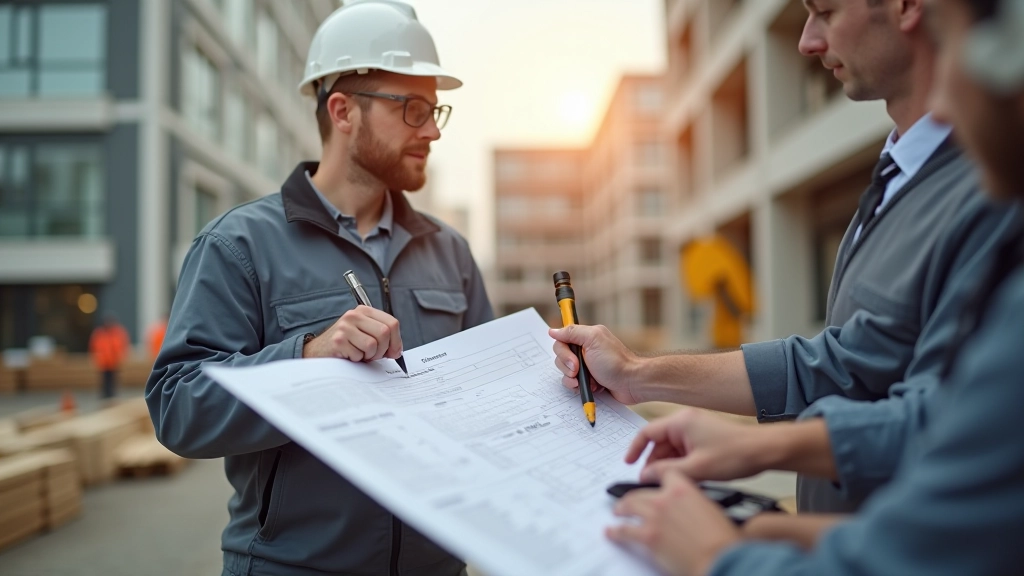 Arbeiter auf einer Baustelle mit modernen Werkzeugen und Planungsunterlagen, symbolisiert produktive Beschäftigung im Infrastruktursektor