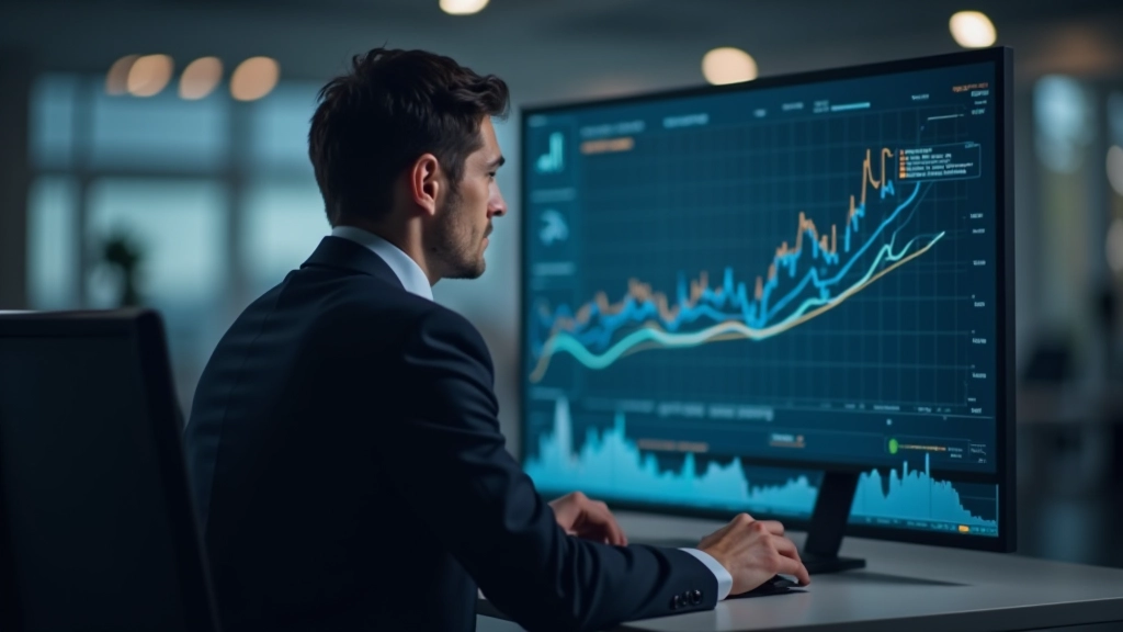 Finanzanalyst:in betrachtet komplexe Datendiagramme und Trendlinien auf großem Monitor