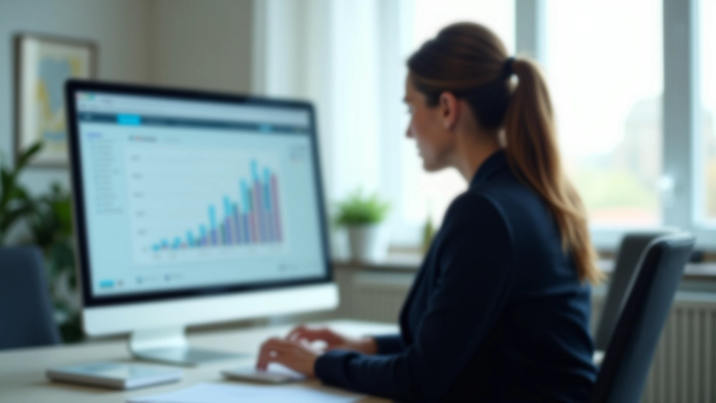 Moderne Finanzanalyst:in sitzt am Schreibtisch und analysiert Datendiagramme auf dem Monitor